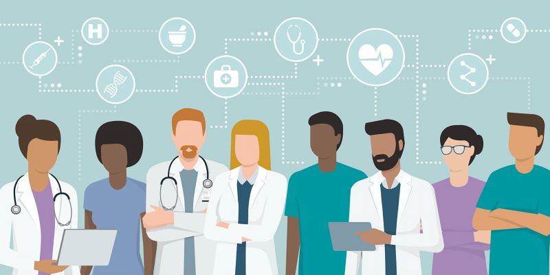 Graphic; male and female doctors with different colored coats in a row; above icons and lines on the theme of medicine