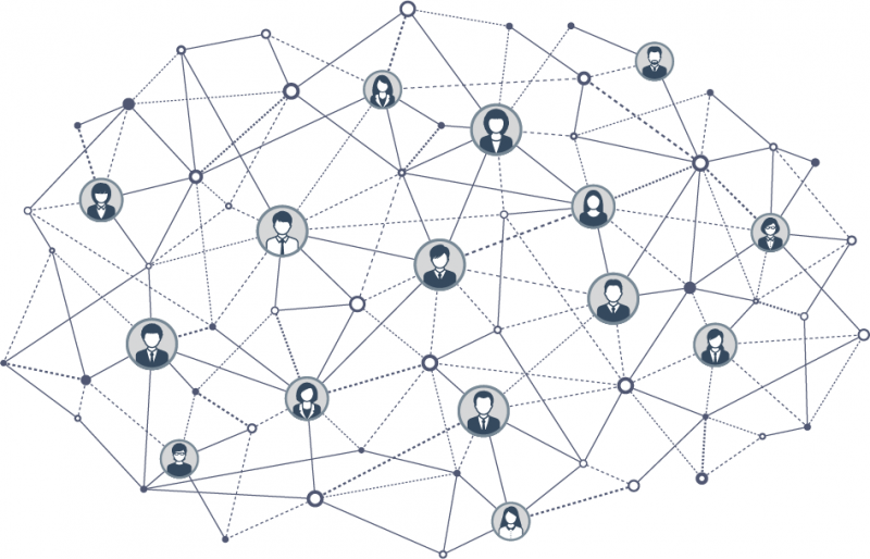 Grafik; Netzwerk aus Linien mit Icons von Personen und Köpfen